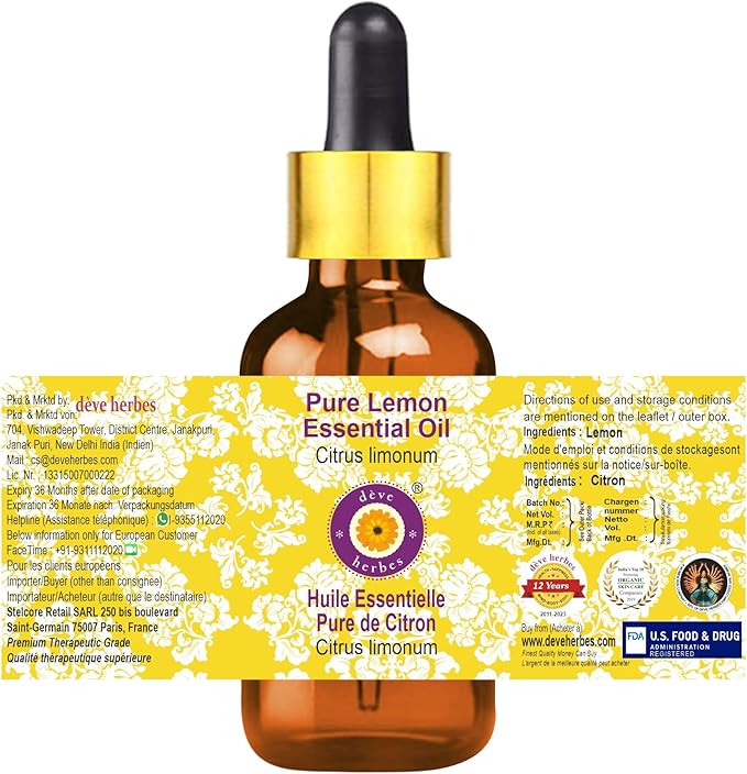 dève herbes Lemon Essential Oil (Citrus limonum) with Glass Dropper | Pure | Non-Sticky | Non-Greasy | Lightweight | Men & Women | All Skin Types | Steam Distilled 5ml (0.16 oz)