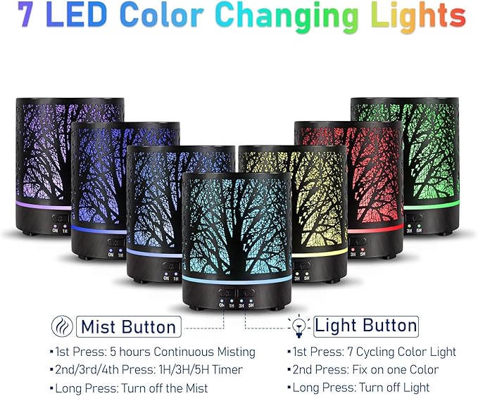 EQUSUPRO Essential Oil Diffuser 300ml Metal Electric Ultrasonic Diffuser for Large Room with Auto Shut-Off, 4 Timer Setting &7 Colors Night Light for Home (Tree-300ML)