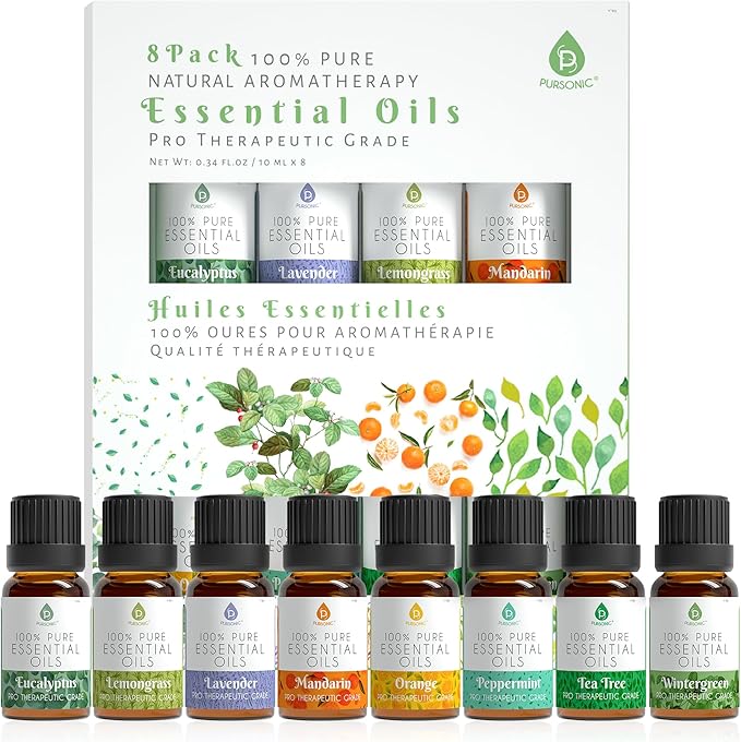 Pursonic Essential Oils Set - 8 Aromatherapy Oils Blends Gift Set - 10ml Pure Essential Oils for Diffusers, Home, Massage & Bath(Eucalyptus,Lavender,Lemongrass,Orange,Peppermint,Tea Tree,Wintergreen)