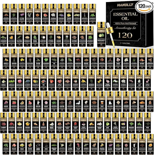Essential Oils Set -120 Pcs Aromatherapy Essential Oil Kit for Diffuser, Humidifier, Massage, Skin Care, Candle Making - Fruity, Floral, Bakery, Mens, Woody & Herbal Essential Oil Gift Set