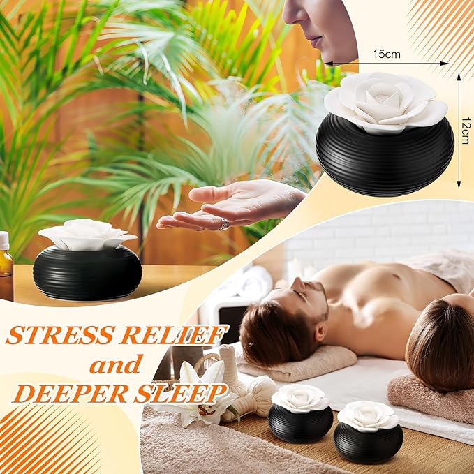 Honeydak 2 Pcs Reedless Ceramic Diffuser Set, Porcelain White Flower Aromatherapy Essential Oil Diffuser for Home Office Bathroom Tabletop Decor, Non-Electric, Valentines Day Gift (Rose)