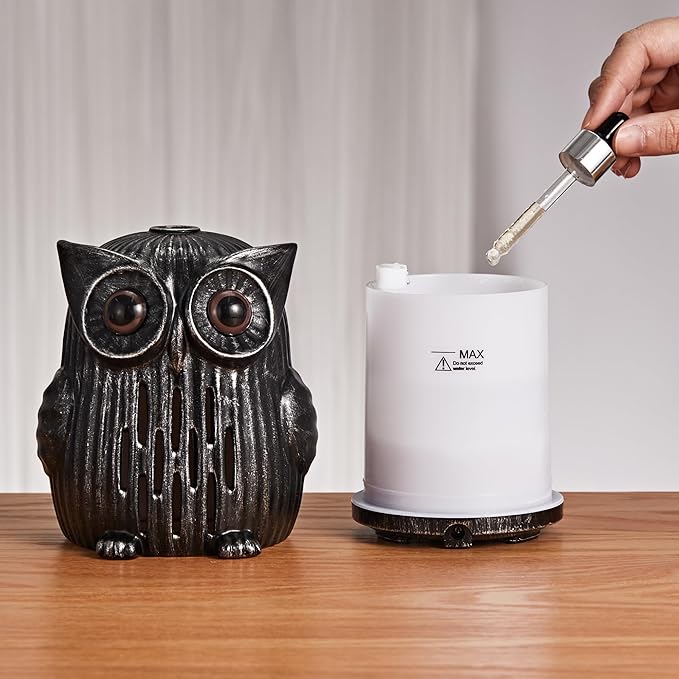 ALIEYE Owl Essential Oils Diffuser Upgraded Design Ceramic Hand-Painted 200ML Quiet Cool Mist Humidifier with Waterless Shut-Off 7 Colors LED Lights & 2 Mist Modes for Bedroom Home Office, Silver
