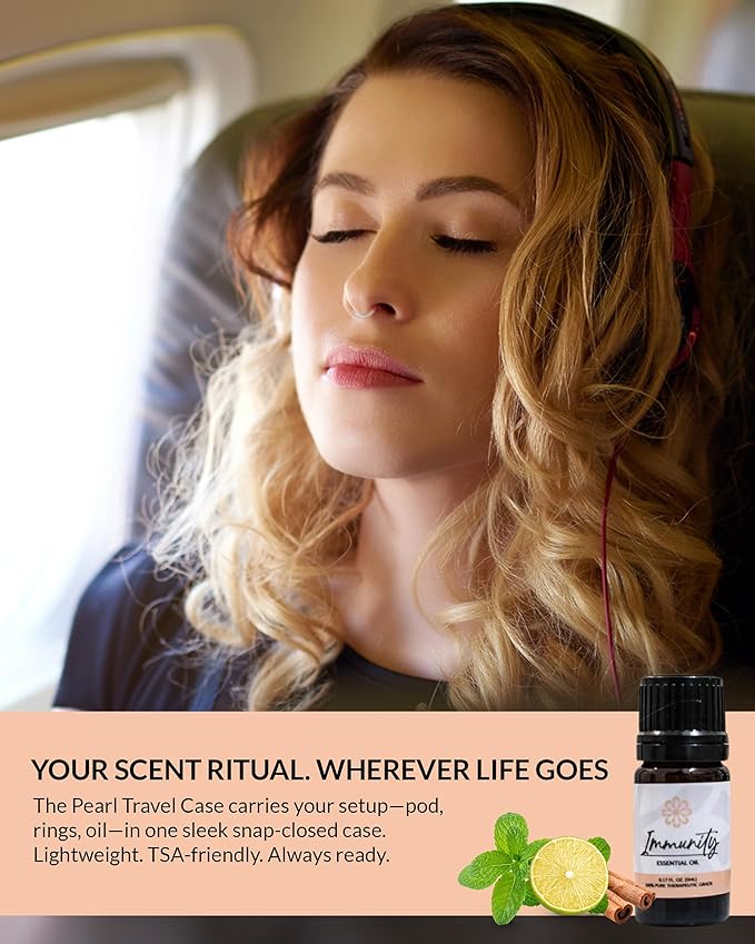 Essence Pearl Travel Case | Immunity Essential Oil | Aromatherapy Nasal Diffuser & Essential Oil Carrying Case | Eucalyptus, Lemon & Peppermint Blend | Travel-Friendly Kit | White Pod