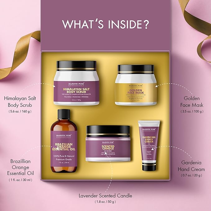 Majestic Pure Christmas Day Gift Set set of 5- (Brazilian Orange oil 1oz, Scented Candle - 50g, Gardenia Hand Cream - 20g, Himalayan Salt Body Scrub - 160g, Gold Face Mask - 100g)