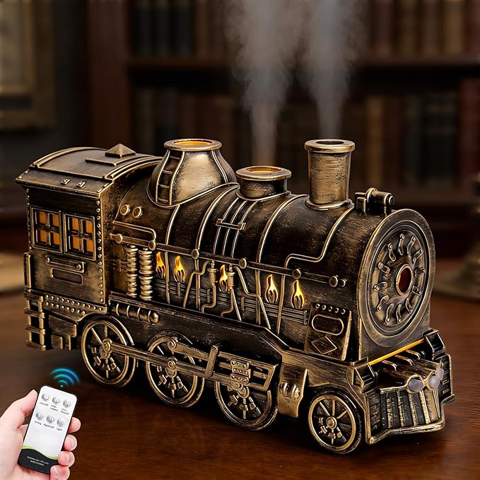 Train Diffusers for Essential Oils with Remote Control, 300ML Creative Lighting Steam Locomotive Humidifier, 2-Color Light & Mist Modes for Bedroom Office