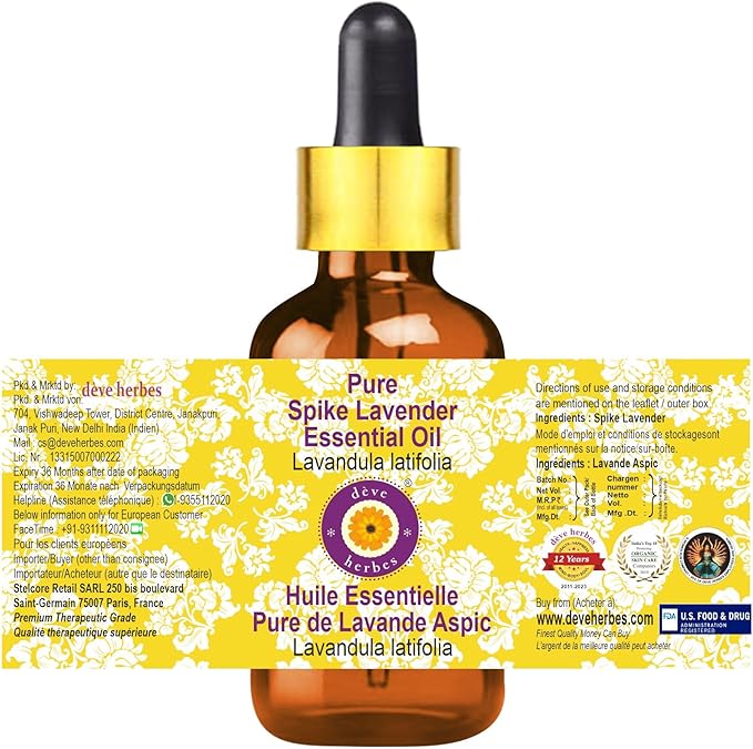 dève herbes Spike Lavender Essential Oil (Lavandula latifolia) with Glass Dropper | Pure | Non-Sticky | Non-Greasy | Lightweight | Men & Women | All Skin Types | Steam Distilled 5ml (0.16 oz)