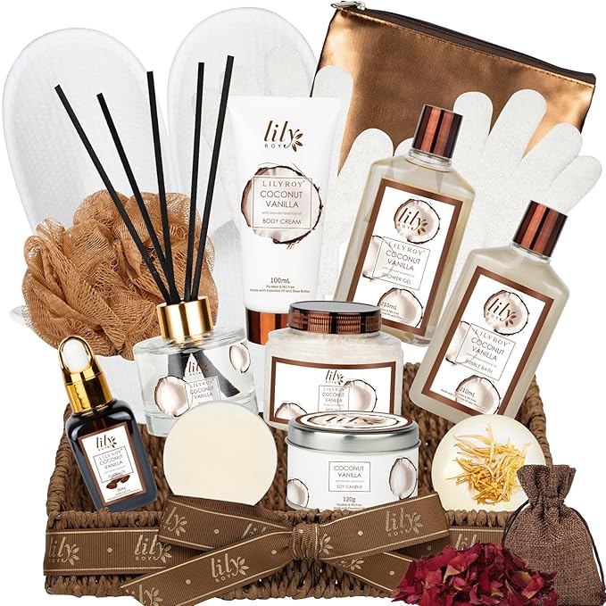 Mother's Day Gift Basket for Mom, Spa Gift Basket for Women, Gifts for Women, Coconut Vanilla Bath and Body Spa Gifts for Women & Men, Spa Gift Set Designed for Fathers Day, Birthday, Christmas Gifts