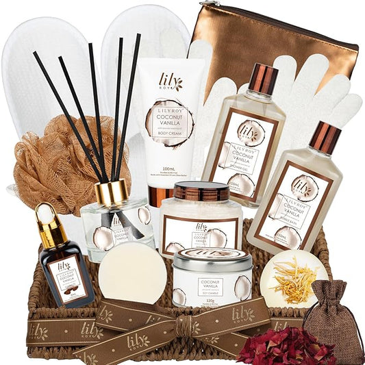 Mother's Day Gift Basket for Mom, Spa Gift Basket for Women, Gifts for Women, Coconut Vanilla Bath and Body Spa Gifts for Women & Men, Spa Gift Set Designed for Fathers Day, Birthday, Christmas Gifts