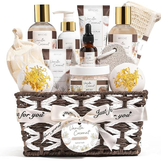 Mothers Day Birthday Gifts for Women, Vanilla Coconut Relaxing Spa Gift Baskets for Women Self Care Package Bath Gift Set, Home Bath and Body Kit Pampering Gifts for Womens Her Mom Friends Sister Wife