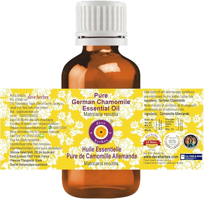 Deve Herbes German Chamomile Essential Oil (Matricaria recutita) – 100% Pure & Natural Oil – Steam Distilled from Flowers – Sweet Herbaceous Aroma – Ideal for Aromatherapy, Massage & Skincare 2ml