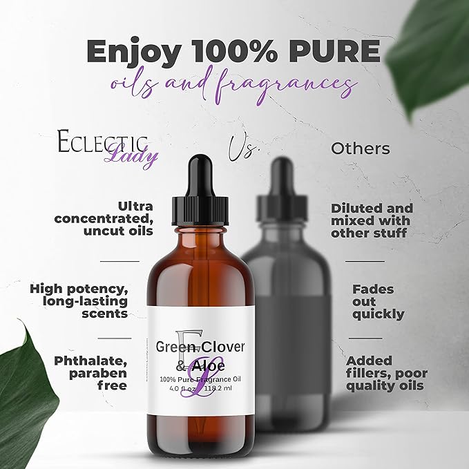 Green Clover & Aloe Fragrance Oil, 4 oz 4 Pack Premium, Long Lasting Diffuser Oils, Nostalgic, Clean & Fresh Essential Oils Similar to Disney World, Relaxing Crisp Green Leaf, Beach Waves Aromatherapy