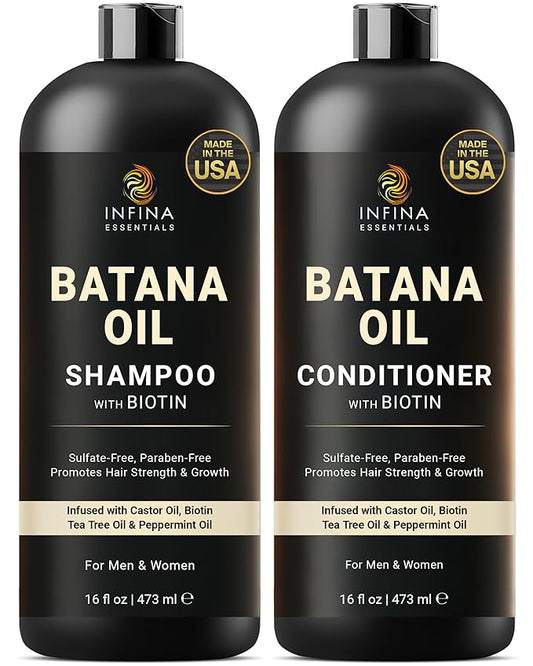 INFINA ESSENTIALS Batana Oil Shampoo and Conditioner Set | 16 fl oz Each | with Biotin & Tea Tree | Moisturizing, Strengthening & Nourishing Formula | Promotes Hair Growth and Thickness