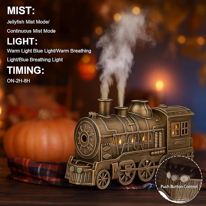 300ml Train Essential Oil Diffuser, 2 Color LED Vintage steam Christmas Train Aromatherapy Diffuser, 2 Dual Mist Modes Train Cool Mist Air Desktop Aroma Humidifier, 2/8 Hour Timer Auto Shut-Off