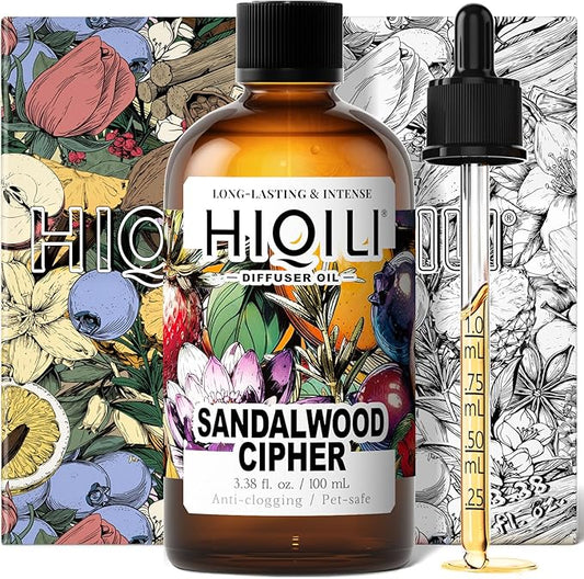 HIQILI Sandalwood Cipher Diffuser Oil, Ideal for Scent Diffuser, Car Air fresheners, Relaxing & Cozy, Long Lasting - 3.38 Fl Oz