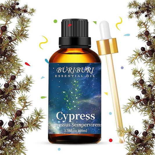 BURIBURI 100ML Cypress Essential Oil, 100% Pure Undiluted Aromatherapy Cypress Oil 3.38fl.oz for Soap, Candle Making, Massage, Diffuser, Humidifier