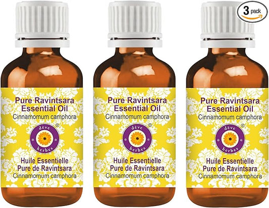 Deve Herbes Pure Ravintsara Essential Oil (Cinnamomum camphora) Steam Distilled (Pack of Three) 100ml X 3 (10 oz)
