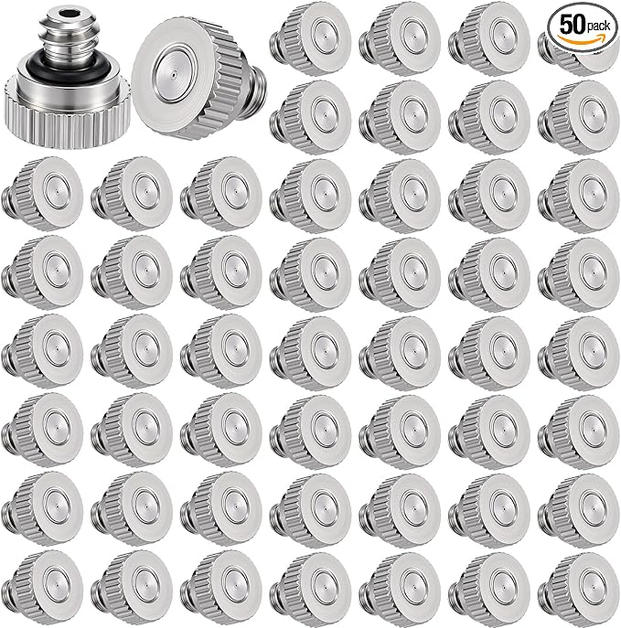 Zhengmy 50 Pcs 0.3mm Brass Misting Nozzles, Mister Nozzles Brass for Outdoor Cooling System Orifice 10/24 UNC Replacement Heads for Outdoor Cooling System(Silver)