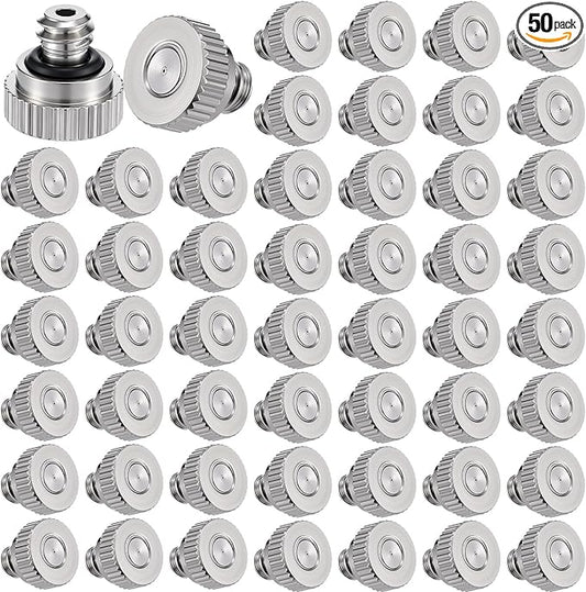 Zhengmy 50 Pcs 0.1mm Brass Misting Nozzles, Mister Nozzles Brass for Outdoor Cooling System Orifice 10/24 UNC Replacement Heads for Outdoor Cooling System(Silver)