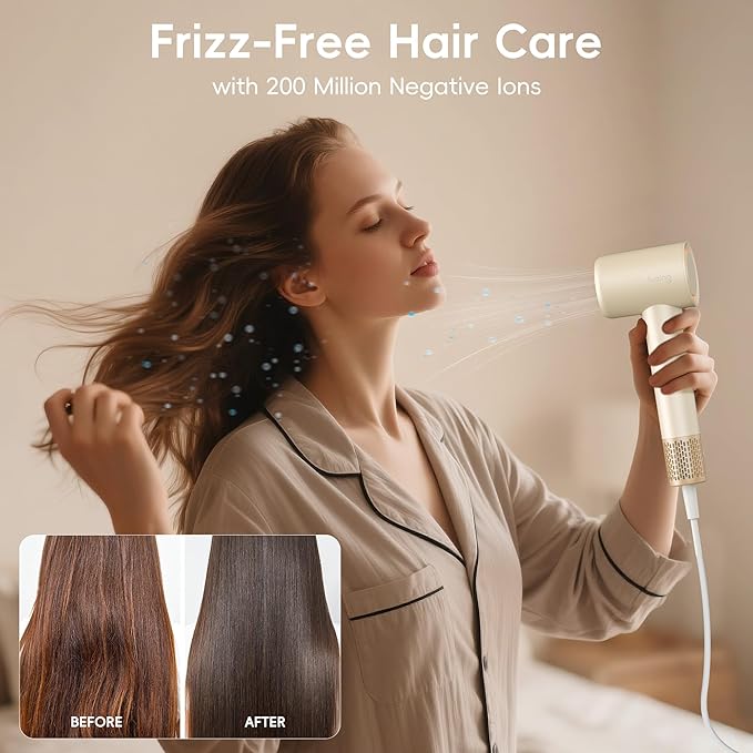 Hair Dryer, TurboLux Ionic 200 Million Negative Ions Fast Drying High Speed Hairdryer with Diffuser, Lightweight, Low Noise 1500W Hair Diffuser Dryer with 110000 RPM Brushless Motor (Cream)