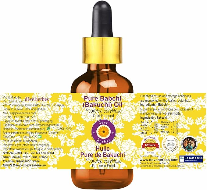 dève herbes Babchi (Bakuchi) Oil (Psoralea corylifolia) with Glass Dropper | Cold Pressed | Pure | for Diluting Essential Oils | Skin & Massage | Non-Sticky | Lightweight | Unisex | 100ml (3.38 oz)