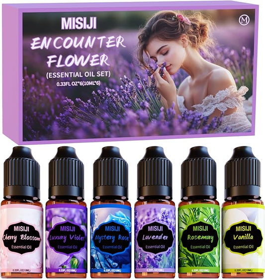 Flower Essential Oils Set for Home,Fragrance Oil Scented Oils for Diffusers-Cherry Blossom, Mystery Rose, Rosemary, Vanilla, Lavender, Luxury Violet,6x10mL