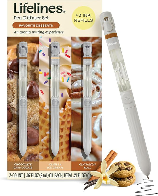 Lifelines Pen Diffuser Set, Favorite Desserts 3-Pack - 1mm Black Ballpoint Pens with Scented Essential Oil Blends – Aromatherapy Diffuser & Sensory Immersion Diffuse Aroma As You Write