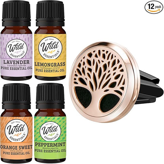 Wild Essentials Rose Gold Tree of Life Essential Oil Car Vent Diffuser Kit with Lavender, Lemongrass, Peppermint, Orange Oils, Stainless Steel Locket, 8 Refill Pads, Customizable Color Changing