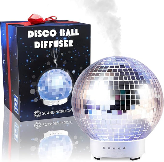 SCANDINORDICA Disco Ball Diffuser - Original Rotating Disco Essential Oil Diffuser with Whisper Quiet Operation, 14 Color Night Light & 4Time Settings | Cute Eclectic Home Decor for Medium Room Silver
