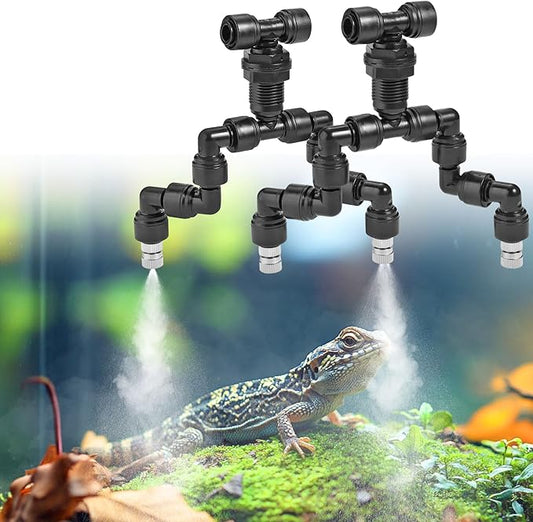 Lpraer 2PACK Reptile Mister Nozzles, 360° Cooling Mist Nozzles, 1/4'' Reptile Misting Nozzles, T Double Misting Assembly Fogger Fine Mist Nozzles for Reptile Terrarium, Plants, Amphibians, Tank