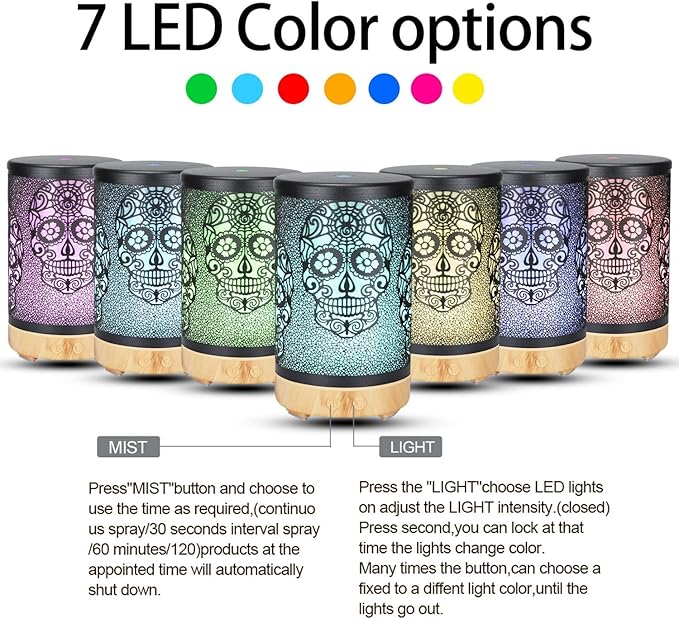 Skull Aromatherapy Diffuser, 100ML Essential Oil Diffuser Cool Mist Humidifier, with Remote Control Waterless Auto Off, for Bedroom, Office, Living Room (Wooden)