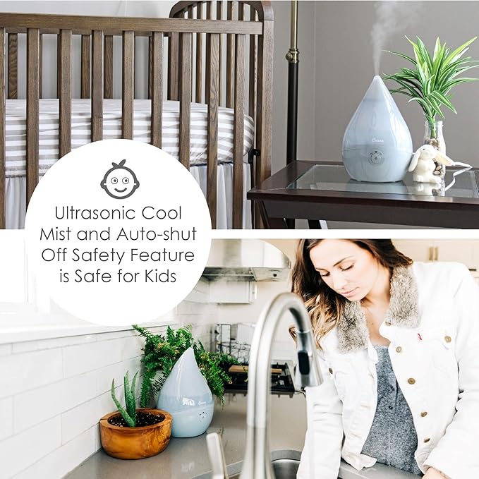 Crane Droplet Ultrasonic Small Air Humidifiers for Bedroom and Office, 0.5 Gallon Cool Mist Humidifier for Plants and Home, Humidifier Filters Optional, Grey