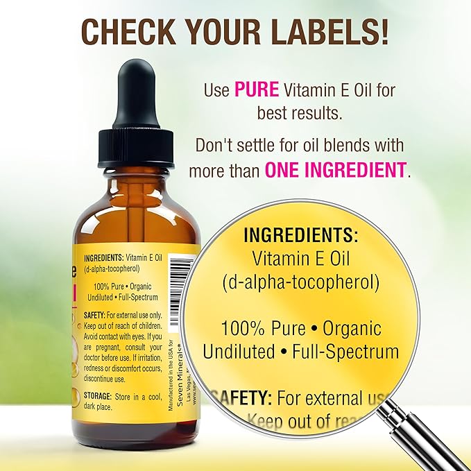 Seven Minerals Ultra Pure Vitamin E Oil - Full-Spectrum D-Alpha Tocopherol per 4 Oz Bottle - 100% Organic Vitamin E Oil for Skin, Face, Hair and Scars - Naturally Occurring:Not Synthetic. (Pack of 2)