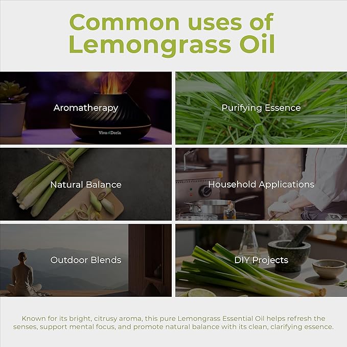 Viva Doria Lemongrass Essential Oil, 100% Pure, Natural Lemongrass Essential Oil, Undiluted, for Aromatherapy | Food Grade, 30 mL (1 Fluid Ounce)