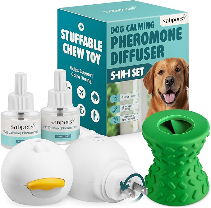Dog Calming Diffuser Kit with Toy – Helps Reduce Barking, Pee Accidents & Separation Anxiety – Pheromone Plug-in for Dogs – 2 Diffusers + 2 Refills