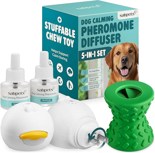 Dog Calming Diffuser Kit with Toy – Helps Reduce Barking, Pee Accidents & Separation Anxiety – Pheromone Plug-in for Dogs – 2 Diffusers + 2 Refills