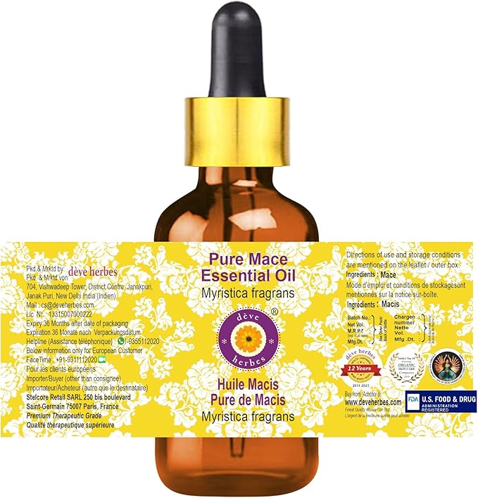 Deve Herbes Pure Mace Essential Oil (Myristica fragrans) with Glass Dropper Steam Distilled 30ml (1 oz)