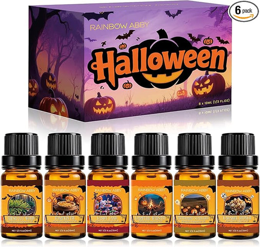 RAINBOW ABBY Fragrance Oil Halloween Set- Fresh Cut Wood, Pumpkin Pie, Campfire Whisper, Candy Land, Peppermint Starlight, and Caramel Crunch Candle Freshie Scents for Candle & Soap Making, 6x10ml