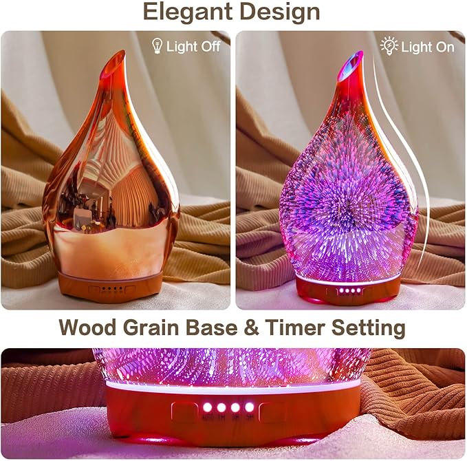 Porseme Essential Oil Diffuser Hand-Blown Glass Aroma Diffusor, Aromatherapy Unltrasonic Cool Mist deffuser, 7 Color Changing, Waterless Shut-Off, Timer Function for Home Office(280ml, Rose Gold)