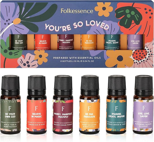Folkulture Floral Essential Oils Set | 6 Fragrance Oils Set for Diffusers | Rose, Jasmine & Patchouli | You’re So Loved Aromatherapy Gift Set for Her | Relaxing Home Scents