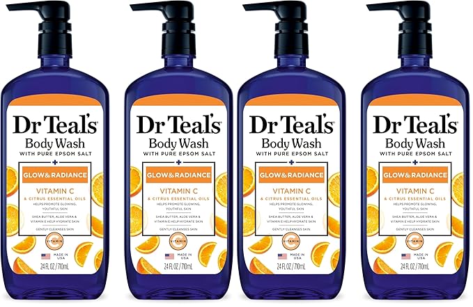 Dr Teal's Body Wash with Pure Epsom Salt, Glow & Radiance with Vitamin C & Citrus Essential Oils, 24oz (Pack of 4)