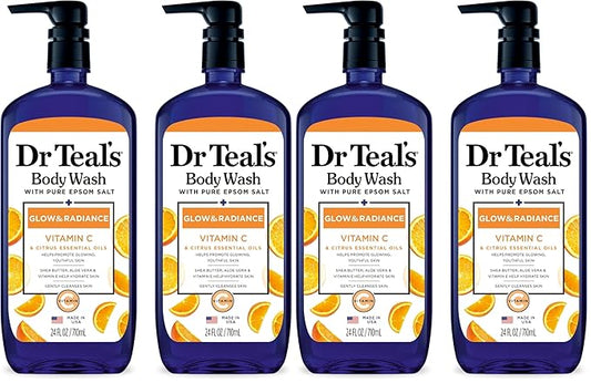 Dr Teal's Body Wash with Pure Epsom Salt, Glow & Radiance with Vitamin C & Citrus Essential Oils, 24oz (Pack of 4)