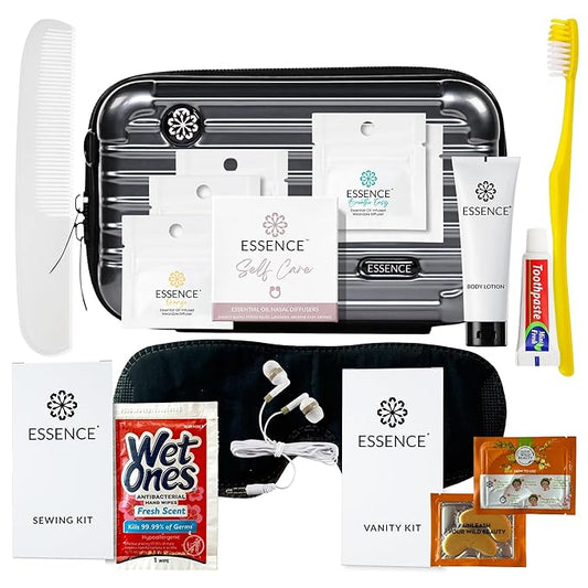 Essence Travel Amenity Kit | Travel Essentials & Travel Size Toiletries Kit | 5-Pack Nasal Diffuser Rings, Sleep Mask, Lotion & Hygiene Kit | Travel Toiletry Kit for Women | Gray Case