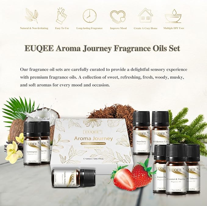 EUQEE 12 Pcs Fragrance Oils Set Premium Fragrance Oil for Diffuser, Humidifier, DIY Candle Making, Travel-Friendly, Room Freshener Aromatherapy Gifts for Women and Men(12x5ML)