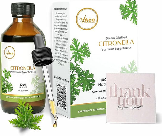 My Ace Citronella Essential Oil – 100% Pure & Natural Steam Distilled Oil – 4 fl oz Amber Glass Bottle with Dropper – Aromatherapy, Diffuser, Skin & Hair Care, Massage, Soap & Candle Making