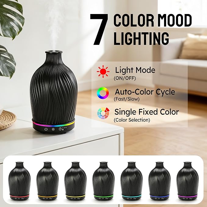 Essential Oil Diffuser 150ml,Resin Diffuser Ultrasonic Aromatherapy Humidifier with 1/2/4H Timer, 7 Color Lights, Auto Shut-Off, Whisper-Quiet for Home Bedroom Office (Black)