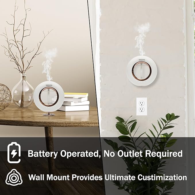 Serenova Battery Operated Aromatherapy Diffuser - Ultrasonic Cordless Diffuser with Waterless Aroma, Cute Essential Oil Diffuser for Bedroom, Wireless Scent Diffuser, Air Freshener Spray Dispenser