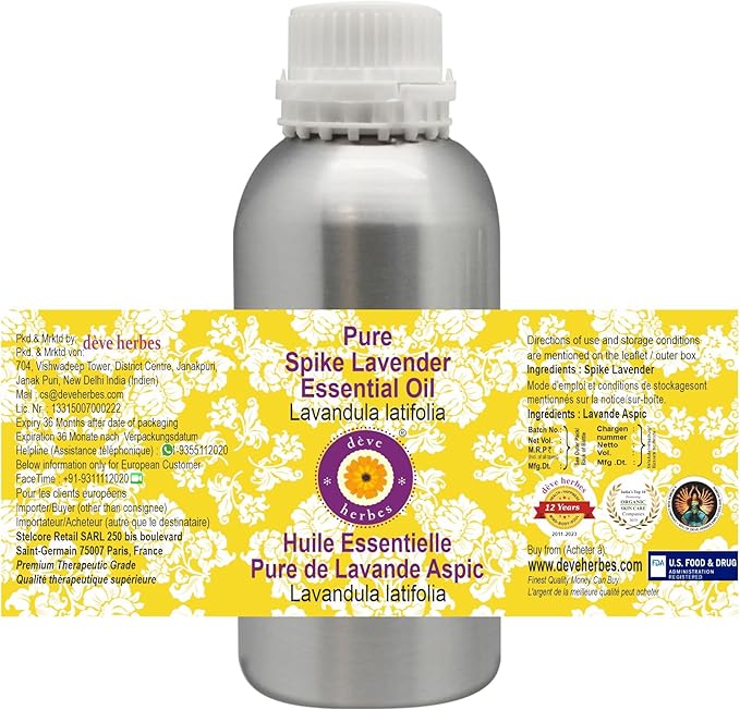 Deve Herbes Pure Spike Lavender Essential Oil (Lavandula latifolia) Steam Distilled 300ml (10 oz)