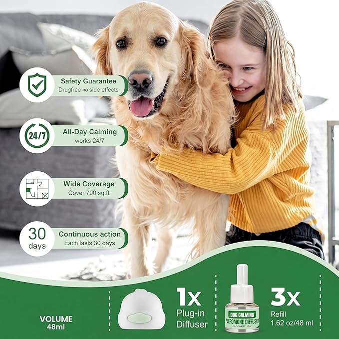 Dog Calming Diffuser Kit with (3 Pack) 48ml Refills Pheromone Diffuser for Dogs Anxiety & Stress Relief, Calming Diffuser for Dogs to Reduce Fighting & Scratching Dog Pheromone Diffuser