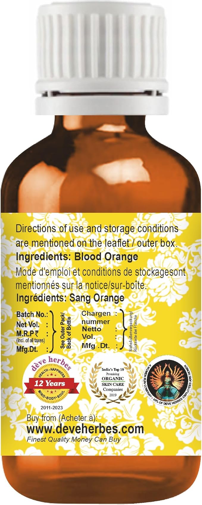 dève herbes Blood Orange Essential Oil (Citrus sinensis) Pure | Non-Sticky | Non-Greasy | Lightweight | Men & Women | All Skin Types | Steam Distilled 10ml (0.33 oz)