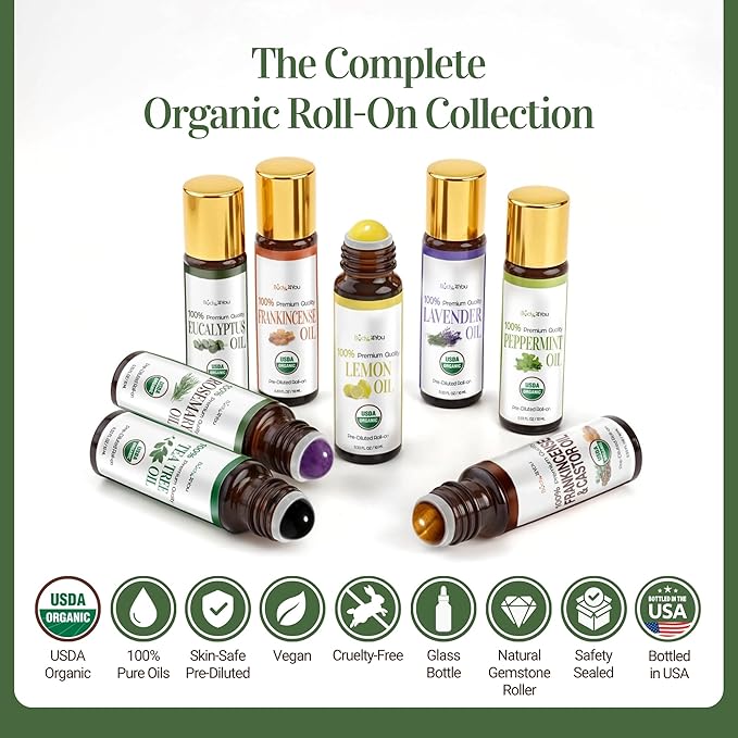 Rosemary Essential Oil Roll On for Hair Growth Scalp Massage Care - 100% Pure USDA Organic MCT Coconut Oil - Eyebrow Beard Growth Hairline Roots Mental Clarity Focus - Gemstone Roller 10ml Travel Size